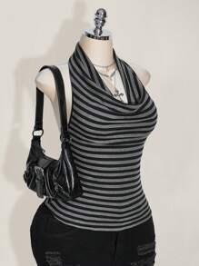 SHEIN ICON 大码垂坠领口条纹针织露背上衣，复古 Y2K 条纹垂坠领口上衣，适合返校季、毕业季、暑假、约会、日常穿着