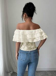 Elenzga Áo sơ mi hở vai nhún bèo lãng mạn ngọt ngào dành cho nữ, áo cánh ngắn thời trang cho mùa hè - Màu be - Xem 2