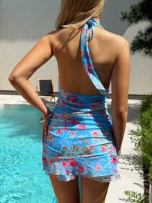 Aloruh Women's Blue Floral Ruched Halter Neck Mini Dress,Summer Boho Vacation Holiday Beach Outfits,Tropical Brunch Concert Rave Festival Western Wear - Mint Blue - View 2