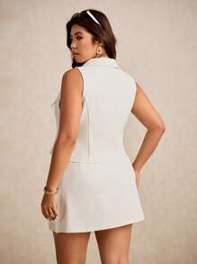 Elaquor 大码女式夏季纯色金属单排扣背心和迷你裙两件套 - 杏色 - 查看 5