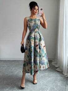 Elenzga Đầm mùa hè dài vừa phải không tay cổ tròn in hoa cho nữ - màu xanh lá - Xem 7