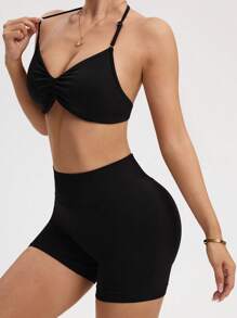 SHEIN Sport Studio 2pcs Seamless Sports Yoga Racerback Tank & Shorts Set, High Waist Tummy Control Butt Lift, Sexy Open Back, Suitable For Yoga, Fitness, Running Workout Clothes Women Women Sports Outfit Workout Top Women Women Clothing Athletic Workout Gear Women