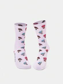 THE POWERPUFF GIRLS X SHEIN 1 双女式可爱牛仔卡通图案欧根纱中筒袜，粉色