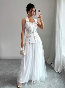 Elenzga Spring/Summer New Women's Elegant Print, Floral Pattern, Print, Sleeveless Lapels, Waist Cinched Elegant Design Top And White Mesh Paneled Maxi Skirt 2-Piece Women's Suit