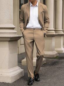 Calvornis Solid Color Single Breasted Long Sleeve Blazer And Pocket Formal Suit Pants Suit Formal - Khaki - View 4