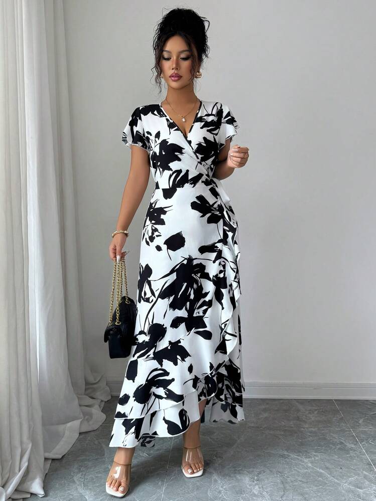 Elenzga Women's Printed V-Neck Tied Waist Ruffle Sleeve Long Dress - Black and White - View 4