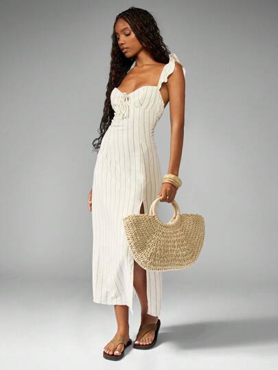MISSGUIDED Linen Striped Midi Dress Ruffle Strap Summer Vacation Beach Resort Side Slit Backless Tea Party