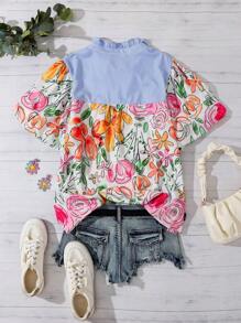 SHEIN LUNE 女式夏季蓝白条纹拼布花卉印花蕾丝领衬衫