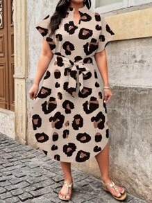 EMERY ROSE 大码节日休闲礼物几何豹纹缺口领蝙蝠袖连衣裙波西米亚风女装女式太阳裙 - 卡其色 - 查看 2