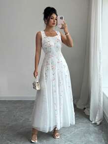 Rafferiza 女士优雅 A 字形连衣裙，3D 花卉装饰，方领，网眼拼接，束腰，适合派对和婚礼，春夏季 - 彩色 - 查看 6