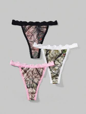 Goth Set de 3 tangas con estampado de camuflaje y hojas de encaje en estilo gótico oscuro