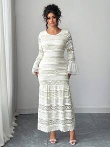 Elenzga Plus Size Women's Popular Round Neck Long Sleeve Pleated Fitted Elegant Dress, Casual Stretchy Flare Sleeve Long Dress For Outing And Vacation Fall Cloth For Women