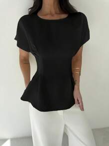 Firerie Camisa regular de mujer de estilo vintage con cuello redondo, manga corta, cintura recogida y textura de bambú negro, minimalista y elegante, adecuada para uso diario, vacaciones y playa - Negro - Ver 8