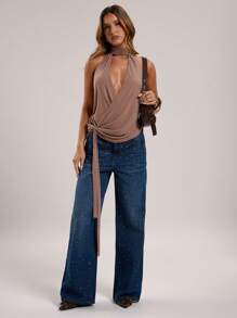 SHEIN BAE 女士性感纯色裹身露背吊带上衣，夏季 - 棕色 - 查看 7