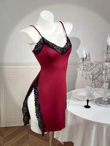 SHEIN Sexy High Slit Lace Slip Dress For Women - Burgundy - View 1