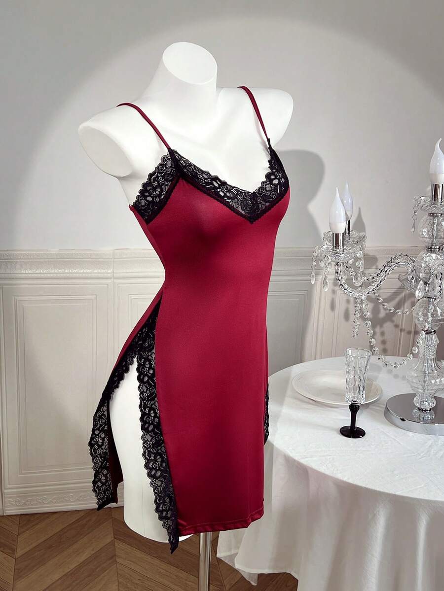 SHEIN Sexy High Slit Lace Slip Dress For Women - Burgundy - View 1