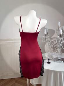 SHEIN Sexy High Slit Lace Slip Dress For Women - Burgundy - View 2