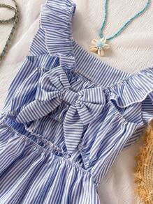 Girls' Ruffled Backless Bowknot Striped Romper, Casual Summer Vacation Beach Outfit - Blue - View 3