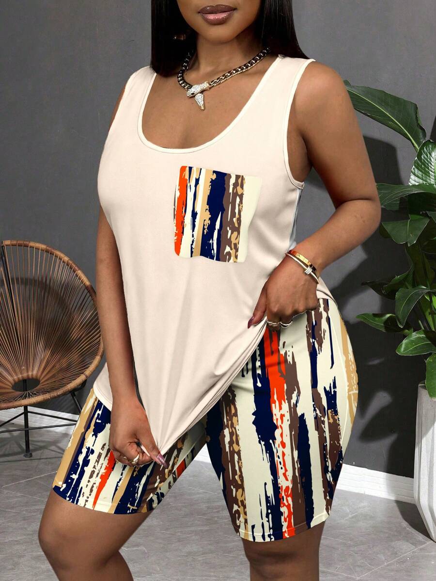 Slaydiva 度假音乐节风格休闲彩色波浪条纹印花两件套适合大码夏季 - 彩色 - 查看 1