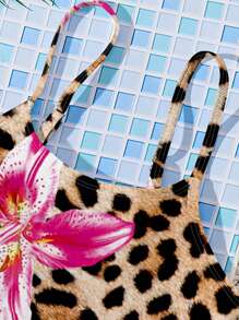 Emery Rose Kids Emery Rose Kids 年轻女孩休闲豹纹、芙蓉花、鸡蛋花花卉图案，海滩度假风格，合身吊带背心和三角比基尼泳装套装，适合夏季椰子女孩，中途度假去海滩，霓虹海滩氛围，泳装系列，假日感觉，沿海极简主义，夏季花卉 - 彩色 - 查看 4