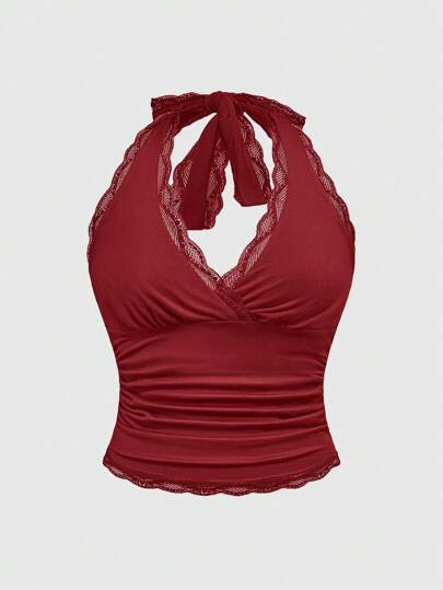 Grunge Punk Plus Size Women Y2K Lace Ruched Halter Neck Blouse