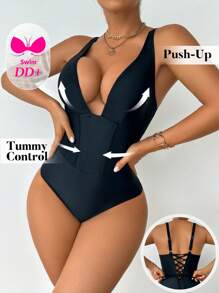 Swim DD+ Solid Color Sexy One-Piece Swimsuit For Beach/Resort For Summer Beach Vacation - Black - View 1