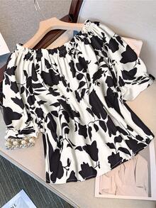 GlowEve CURVE A Plus-Size Elegant Printed One-Shoulder Summer Short-Sleeved Shirt For Ladies - Black and White - View 2