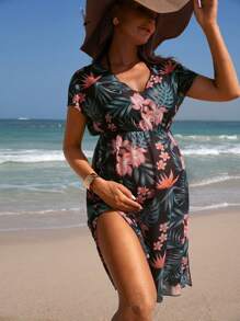 SHEIN Sukienka ciążowa z nadrukiem roślin tropikalnych i rękawami w kształcie nietoperza, idealna na podróż i wakacje