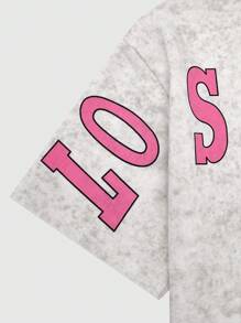 SHEIN Set 1 tricou cu mânecă scurtă și pantaloni lungi evazați pentru fete, vintage, casual, cu guler rotund, model cu litere, potrivit pentru joacă în aer liber și școală - Gri - Vizualizare 5