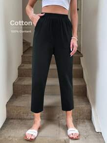 SHEIN LUNE Damesbroek met trekkoord in de taille en zakken, gemaakt van katoen, ideaal voor vrije tijd en vakantie in de zomer Zwarte broek voor dames Shein Tall Pants
