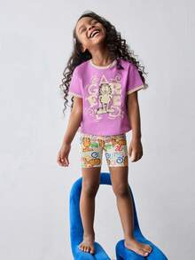 Maija Kids GARFIELD | SHEIN Maija Kids Bộ 2 áo thun tay ngắn cổ tròn in hình mèo cho bé gái và quần short - Màu tím - Xem 4