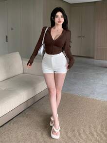DAZY Women Hooded Short Fitted Zip-Up Casual Jacket Cardigan - Brown - View 3
