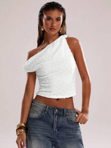 SHEIN BAE Women's Summer Sexy Bohemian Beach Vacation Concert Crochet Asymmetrical Shoulder Knotted Going-Out Tops, Summer,Club Women Sexy,Rave Top - White - View 4