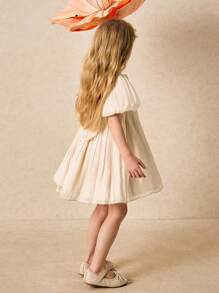 SHEIN 女童优雅粉色蝴蝶结装饰派对连衣裙，春夏 - 杏色 - 查看 2