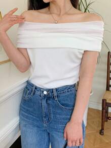 DAZY Women Off Shoulder Short Sleeve Fitted Patchwork Exposed Shoulder T-Shirt - White - View 1