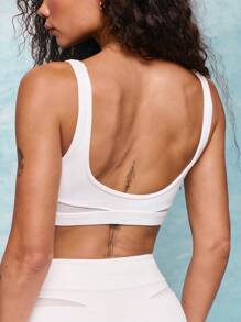 GLOWMODE FeatherFit™ Go Further Crew Neck Removable Cups Mesh Sports Bra Low Impact Yoga Pilates Barre Studio Daily Casual Wear - White - View 5