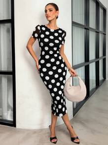 Lavishia 女式圆领绿色印花短袖连衣裙