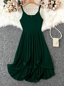 SHEIN Clasi Plus Size Women's Solid Color Ruched Casual Camisole Dress For Summer - Green - View 1