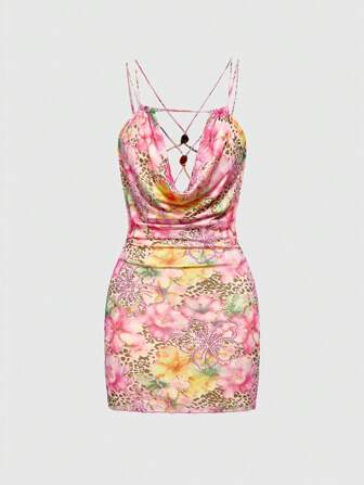 ROMWE Avant Vestito da donna con stampa floreale, gonna drappeggiata e spalline sottili, senza maniche e sexy