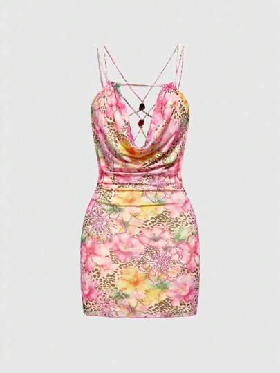 ROMWE Avant Vestido de tirantes finos con estampado floral y drapeado, sin mangas y sexy para mujer