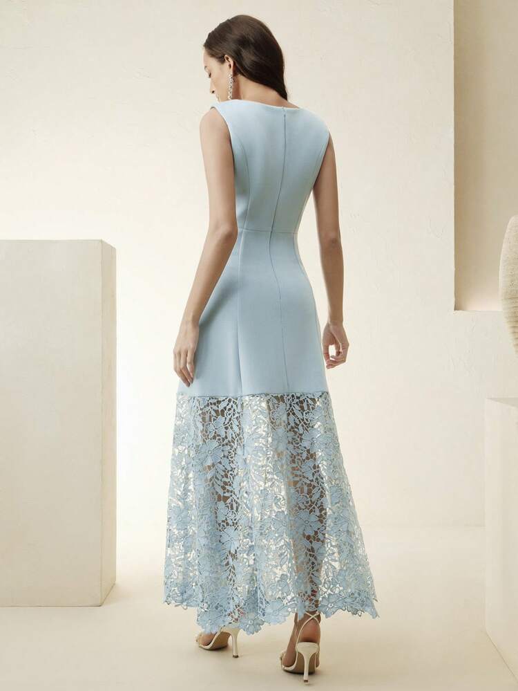 Elegant High-End Water-Soluble Lace Patchwork Maxi Dress