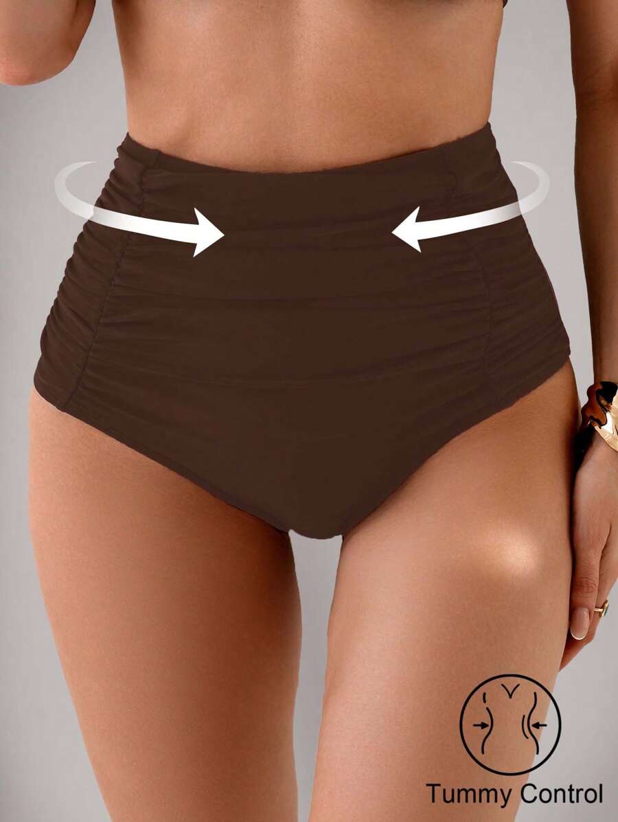 Nuvra Women High Waisted Shirred Tummy Control Flattering Bikini Bottom For Summer Beach Vacation