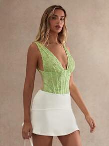 Glamine Women's Elegant 3D Floral Decor Sleeveless Corset  Bodysuit, Summer,Bodysuits For Wome,Summer Outfits For Women,Corset Bodysuit For Women, Lace Bodysuit, Green Bodysuit
