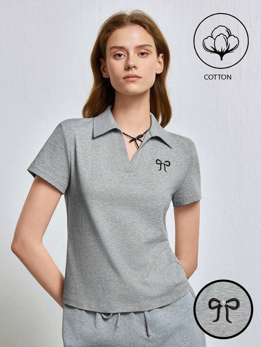 INAWLY Áo thun polo thêu nơ thường ngày mùa hè cho nữ - Xám - Xem 1