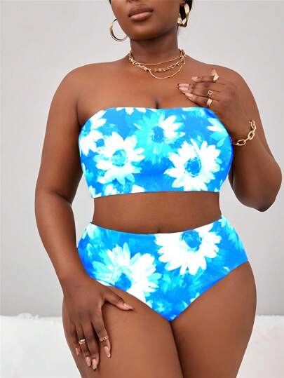 Slaydiva Plus Size Women Summer Navy Blue Floral Bandeau Removable Wide Strap Bikini Fashion Casual Beach Vacation Swimsuit Set