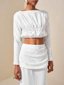 Zivah 20  Spring/Summer New Arrivals: Music Festival, Easter, St. Patrick's Day, Western, Nomadic, Birthday Party, Graduation, School, Daily Casual, All-Match, Leisure, Vacation, Cruise, Beach, Sunbathing, Viral, Streetwear, Wedding Guest, Commute, Brunch, Airport, Gathered Neck Shirred Top Crop Top - White - View 5