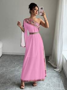 Elenzga 不对称领口格纹优雅夏装 - 粉色 - 查看 4