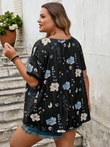SHEIN CURVE+ Women's Plus Size Printed Lace Trimmed Summer T-Shirt Boho Vacation
