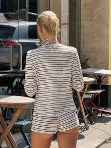 SHEIN ICON 3 件套女式条纹印花露背上衣 + 长袖夹克 + 短裤 7 月 4 日女士服装 返校运动连衣裙 - 彩色 - 查看 2