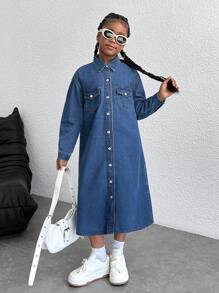 Vestido longo jeans azul-marinho folgado, estilo urbano e estiloso, estilo Y2K para meninas adolescentes, estilo folgado, mangas compridas, casual e versátil para meninas adolescentes, fantasia para o dia a dia, roupas para meninas adolescentes e trajes de rua para meninas adolescentes. - Lavagem Média - Ver 7